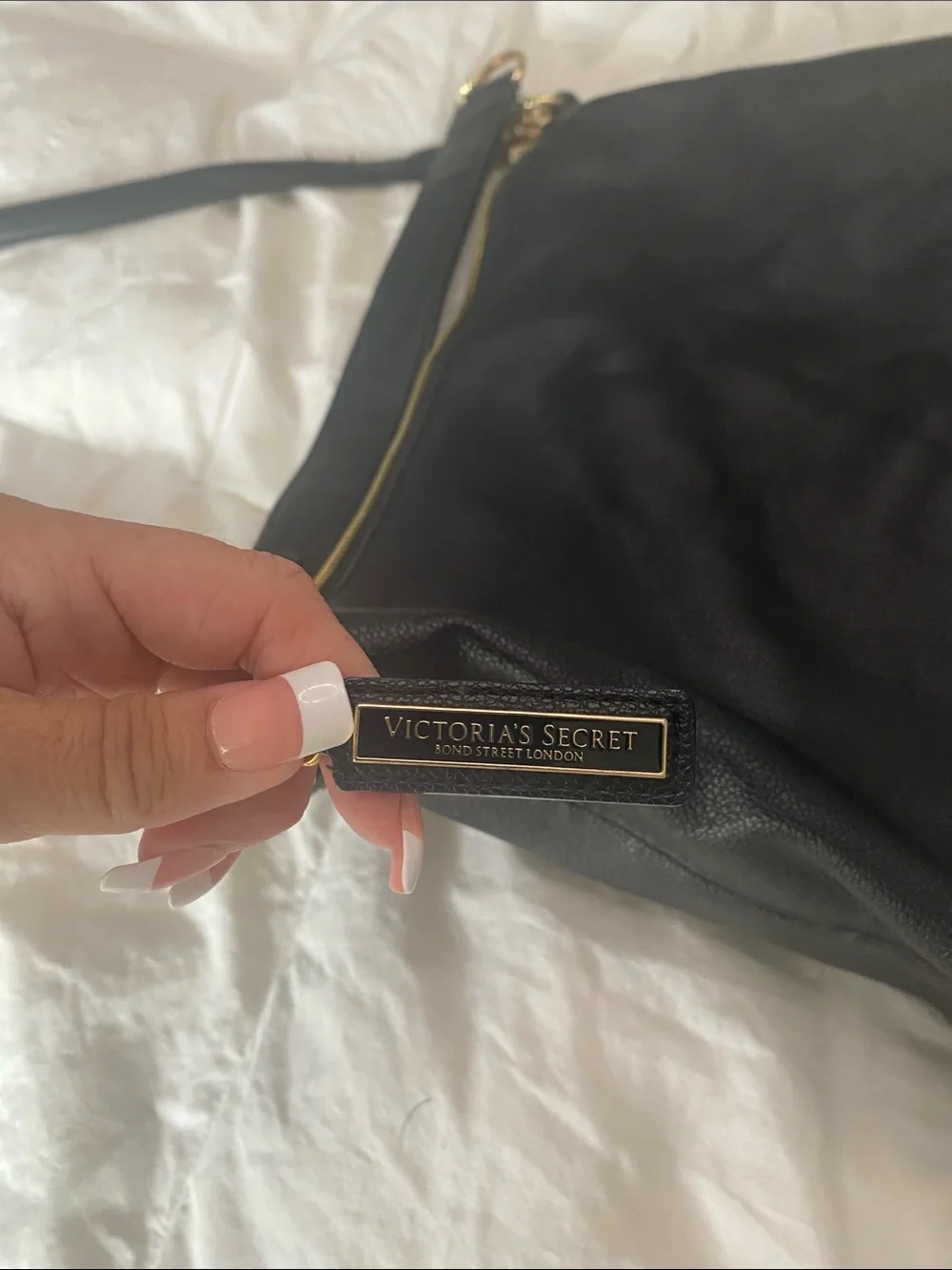Victoria's Secret Black Pebbled Leather Hobo with Gold V Accent